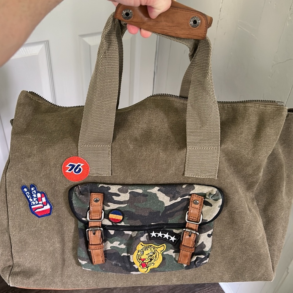 Olive Green Canvas Tote Bag with Patches